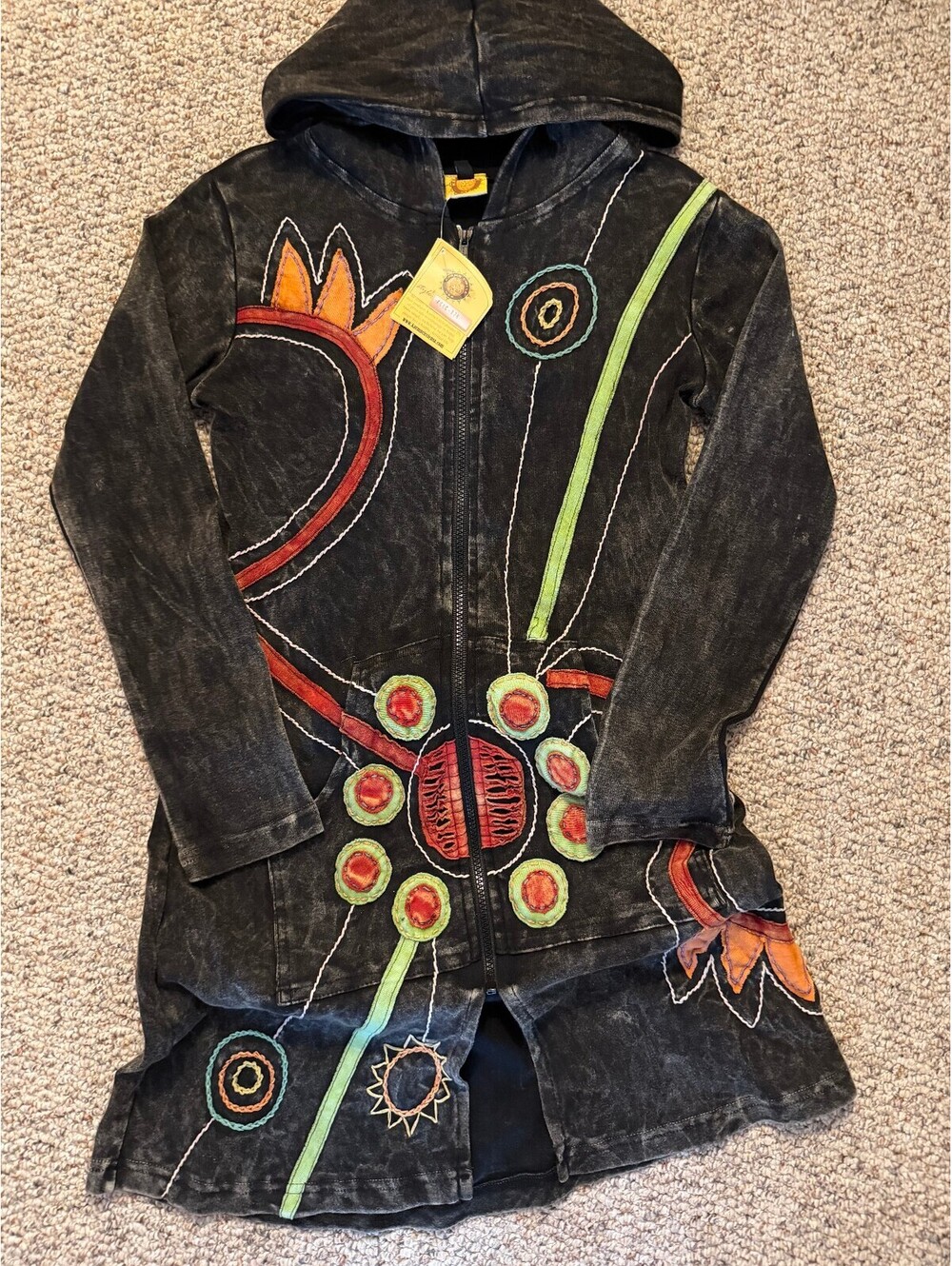 Karma Circle hippie boho black wash full zip long hoodie